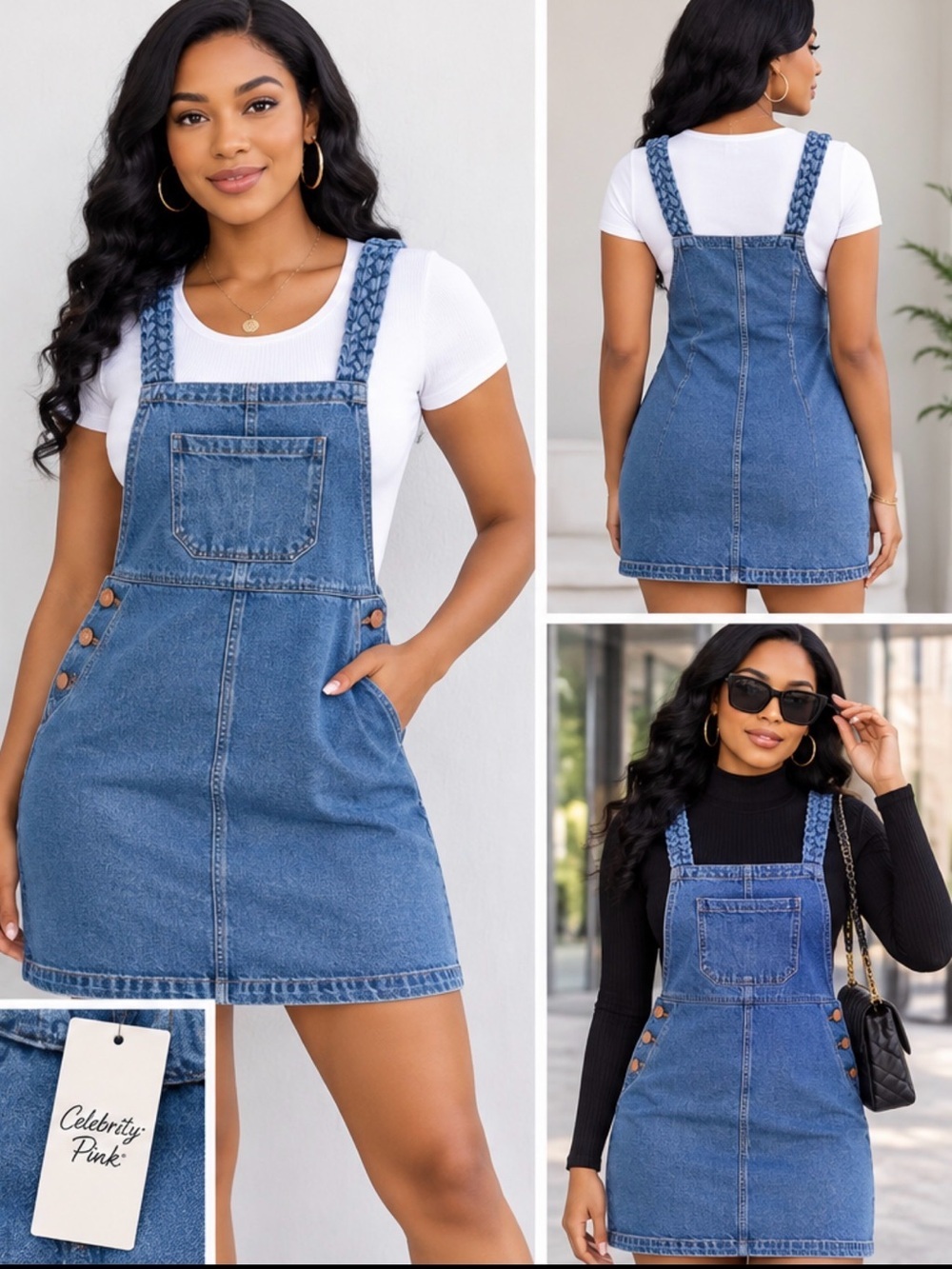 Celebrity Pink Braided-strap Denim Pinafore Dress in Medium Blue